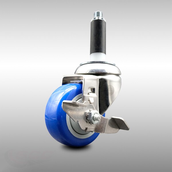 Service Caster 3 Inch 316SS Blue Polyurethane Swivel 3/4 Inch Expanding Stem Caster Brake SCC-SS316EX20S314-PPUB-BLUE-TLB-34 - main